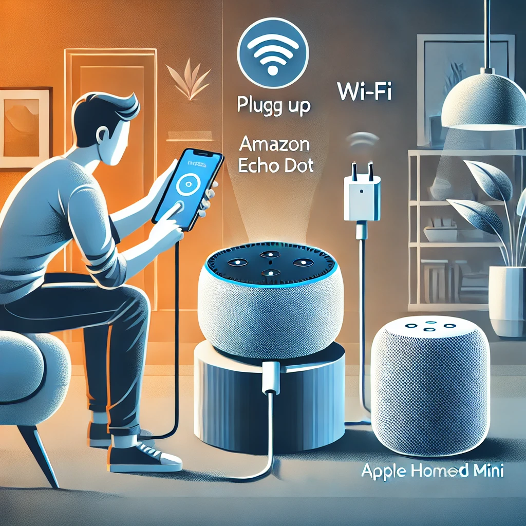 Illustration of a person setting up a voice assistant device