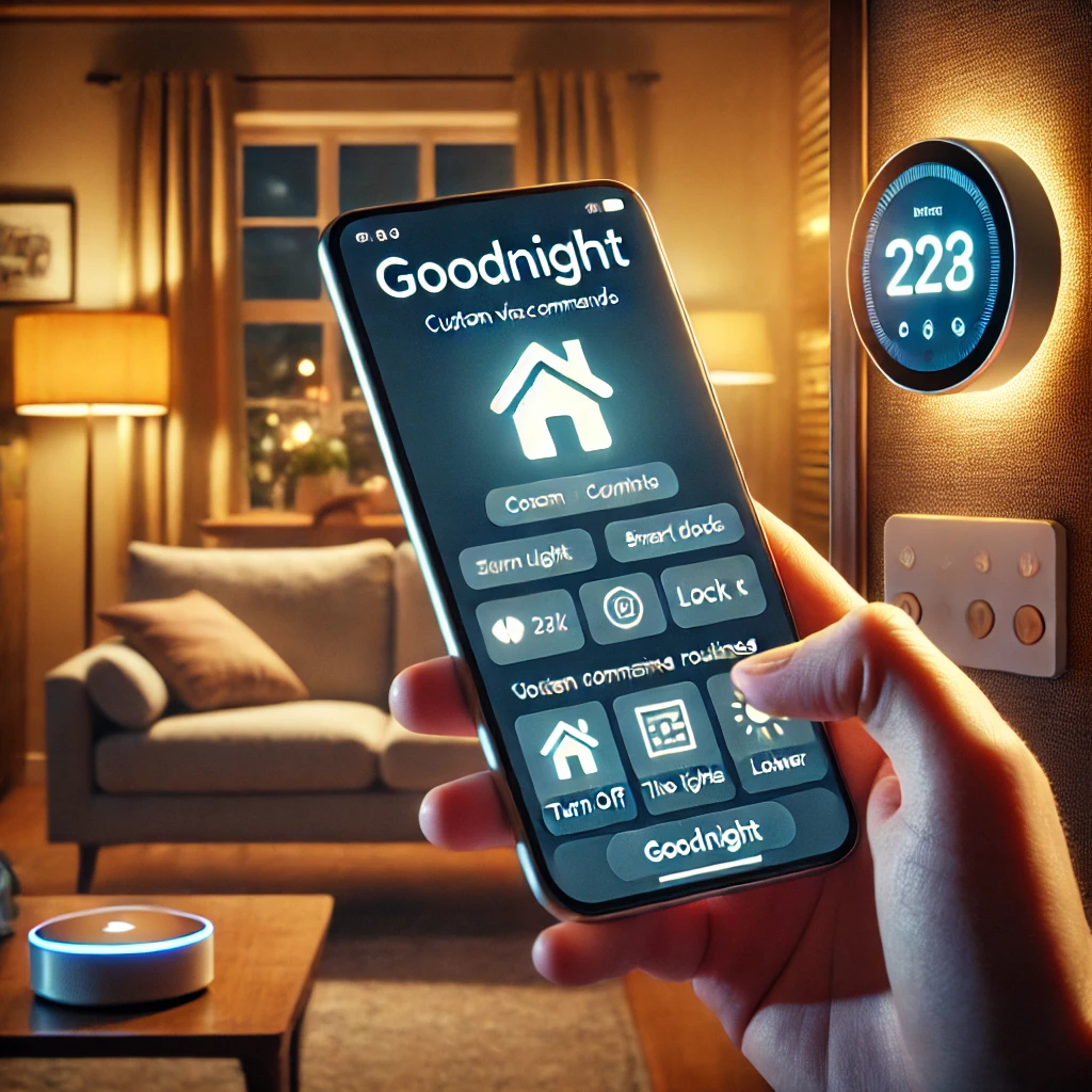 A person creating custom voice commands and routines in a cozy living room, using a smartphone to program the 'Goodnight' routine with a voice assistant. 